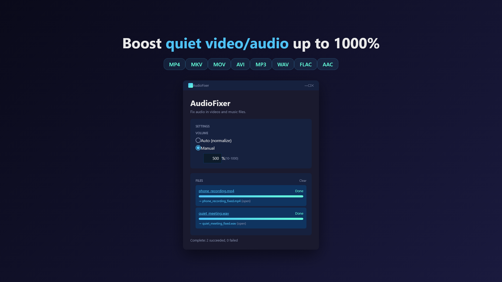 AudioFixer boost mode showing format support badges