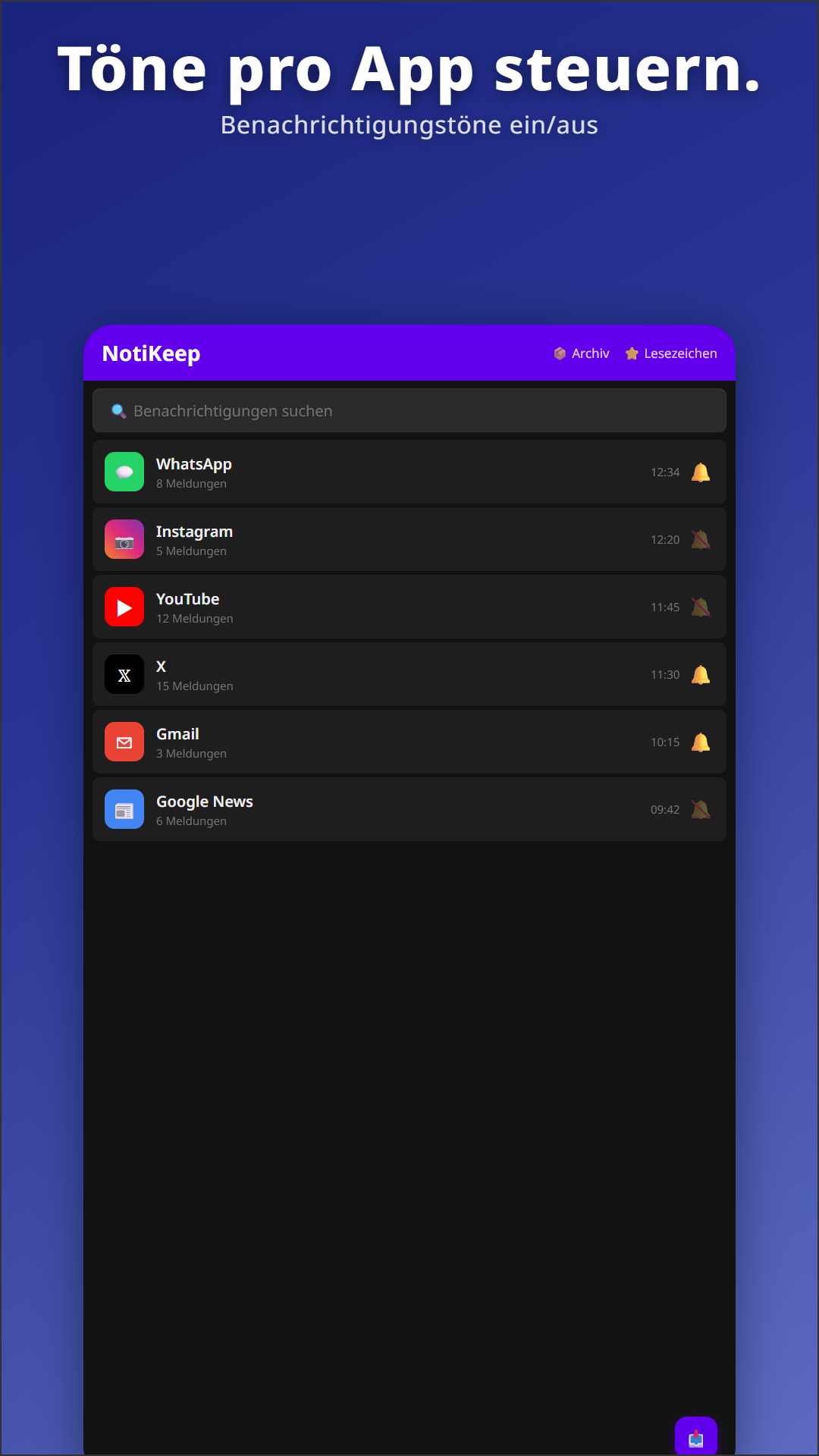NotiKeep-Hauptansicht mit Glockensteuerung pro App