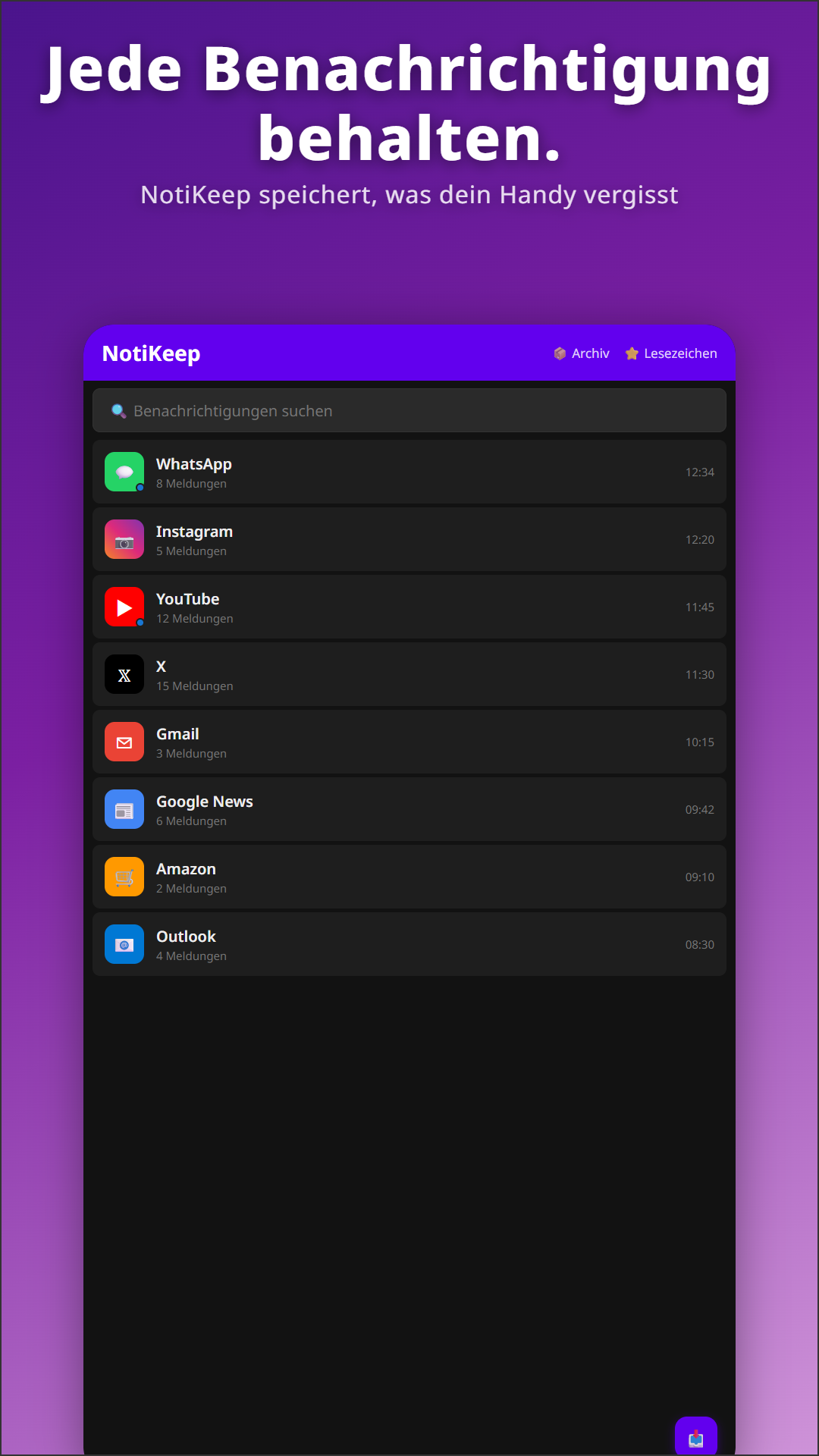 NotiKeep — Hauptbildschirm mit Benachrichtigungen von WhatsApp, Instagram, YouTube, Gmail und mehr