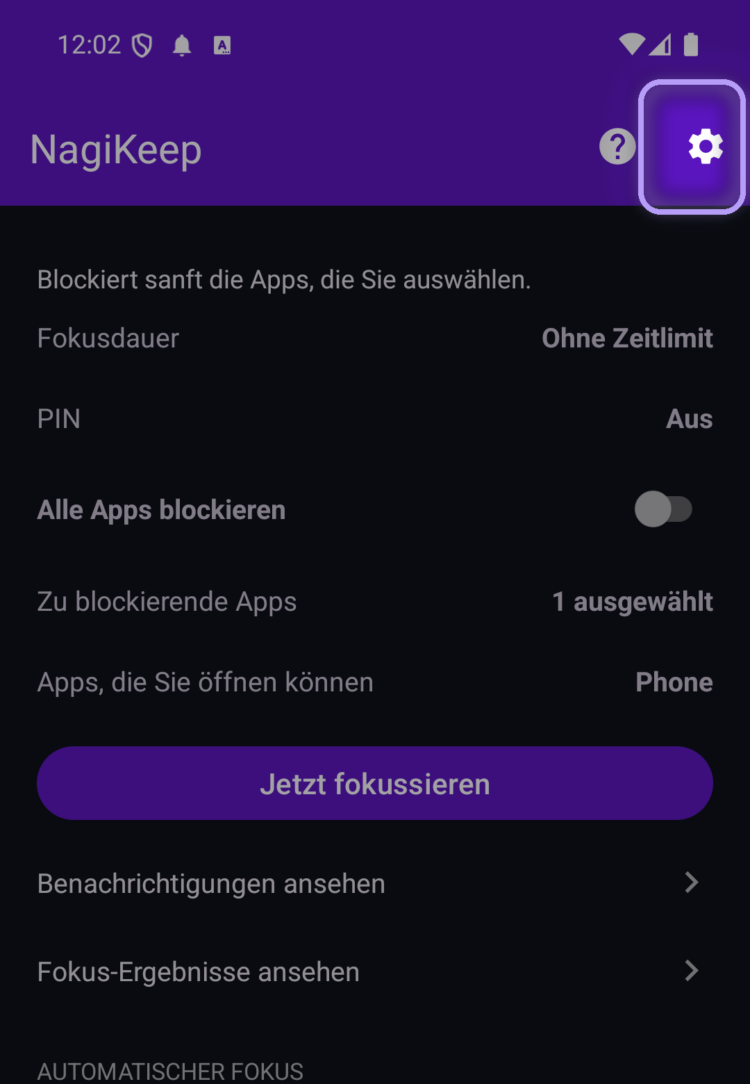 NagiKeep-Fokus-Bildschirm mit hervorgehobenem Einstellungen-Zahnrad oben rechts