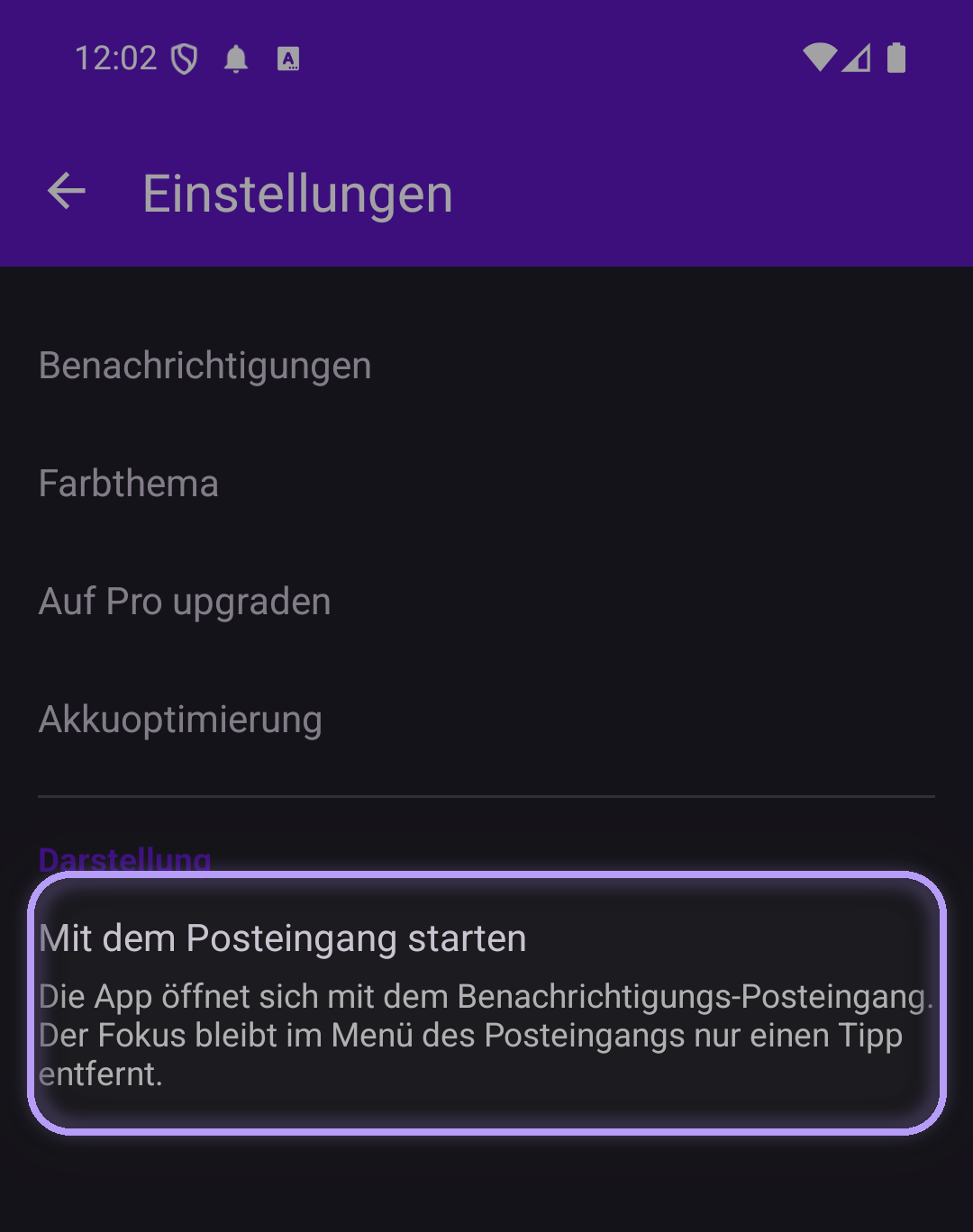 Fokus-Einstellungen mit hervorgehobener Option „Mit dem Posteingang starten“ im Bereich Darstellung