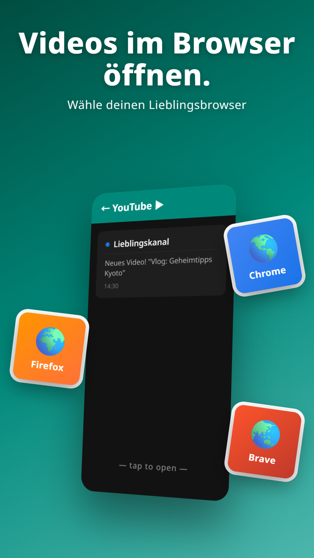 YouTube-Benachrichtigung mit Browser-Auswahldialog mit Chrome, Firefox, Brave