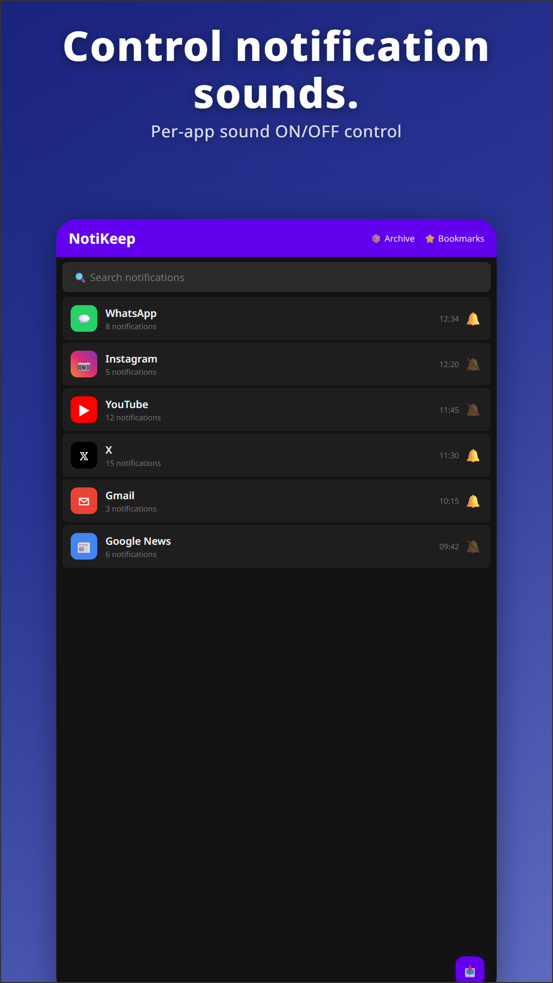 NotiKeep main archive view with per-app bell control