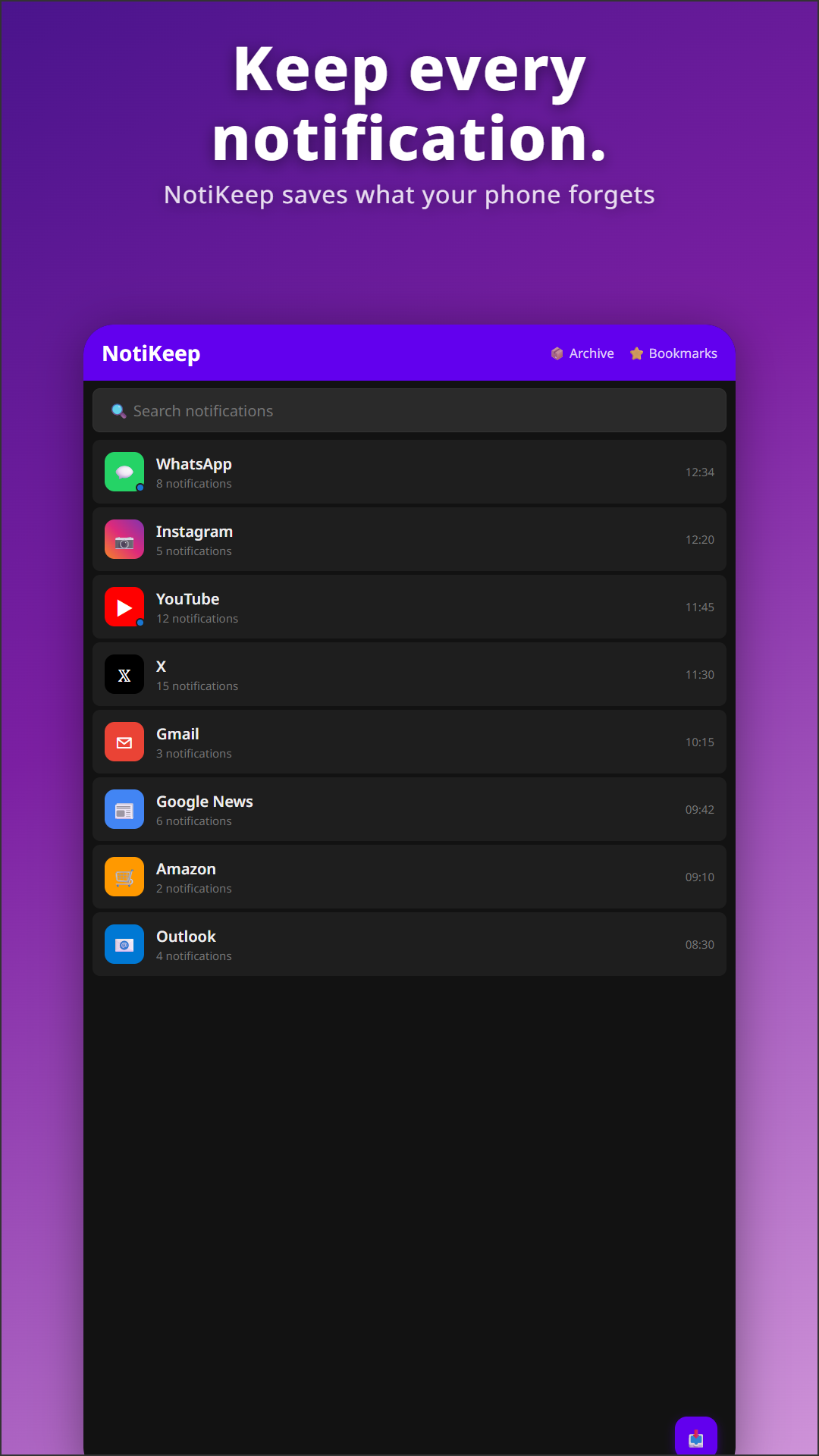 NotiKeep main screen — notifications from WhatsApp, Instagram, YouTube, Gmail, and more