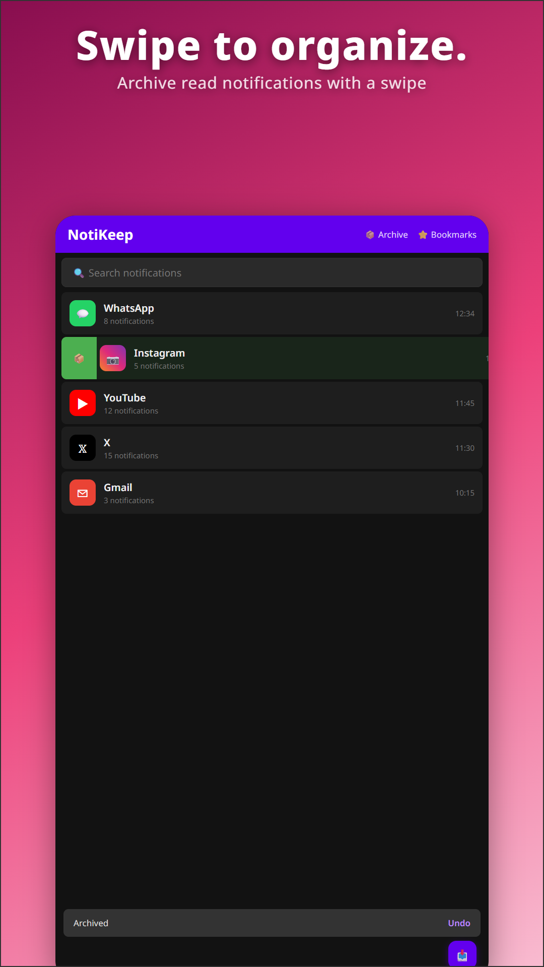 Swiping a notification to archive it in NotiKeep