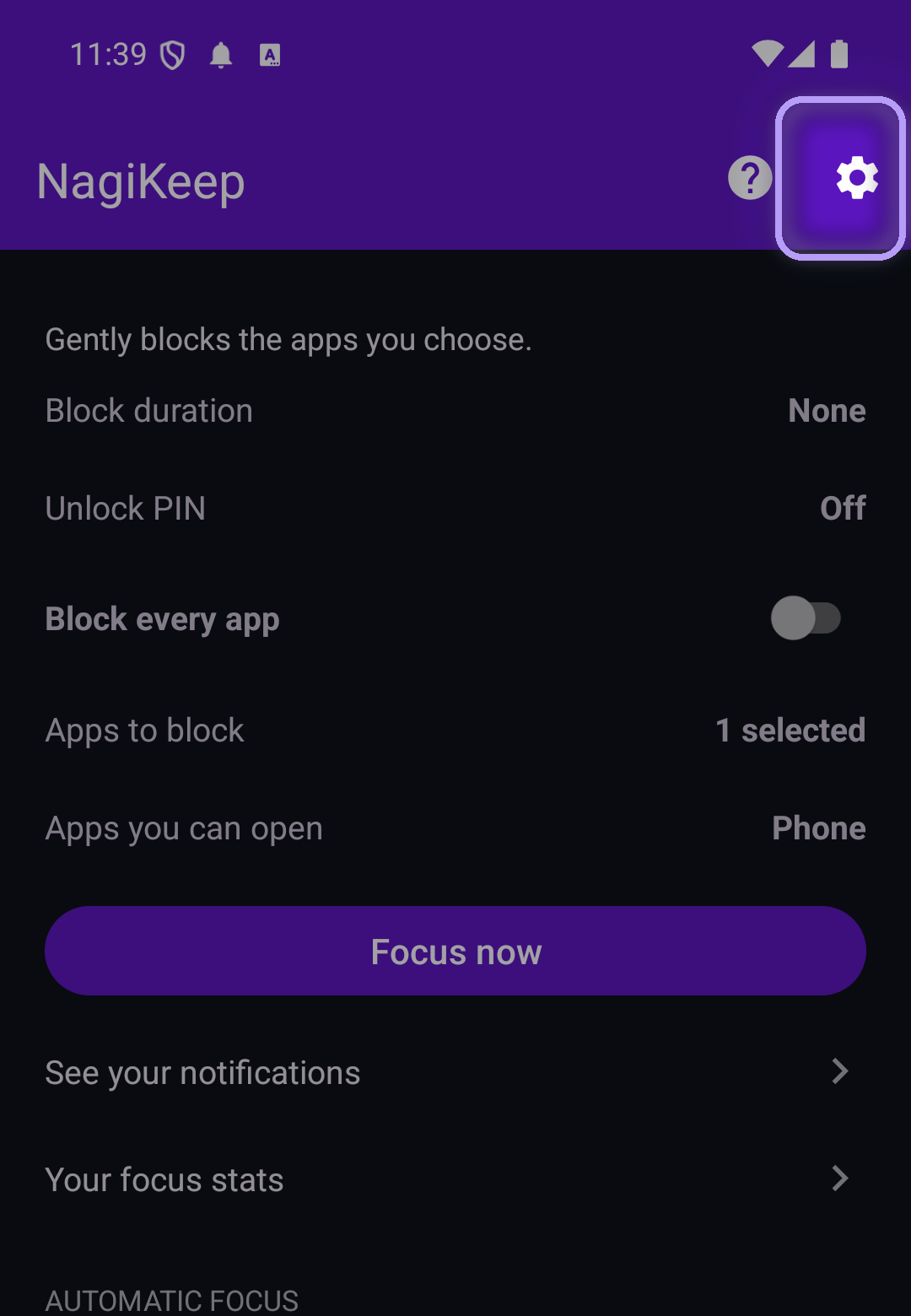 NagiKeep focus screen with the settings gear highlighted in the top-right of the toolbar