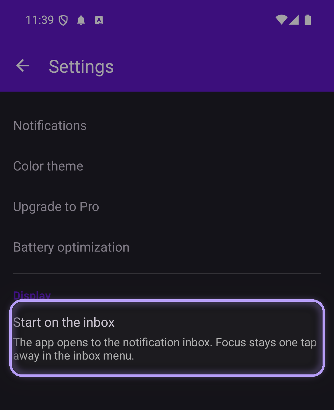 Focus settings with the 'Start on the inbox' row highlighted under the Display section