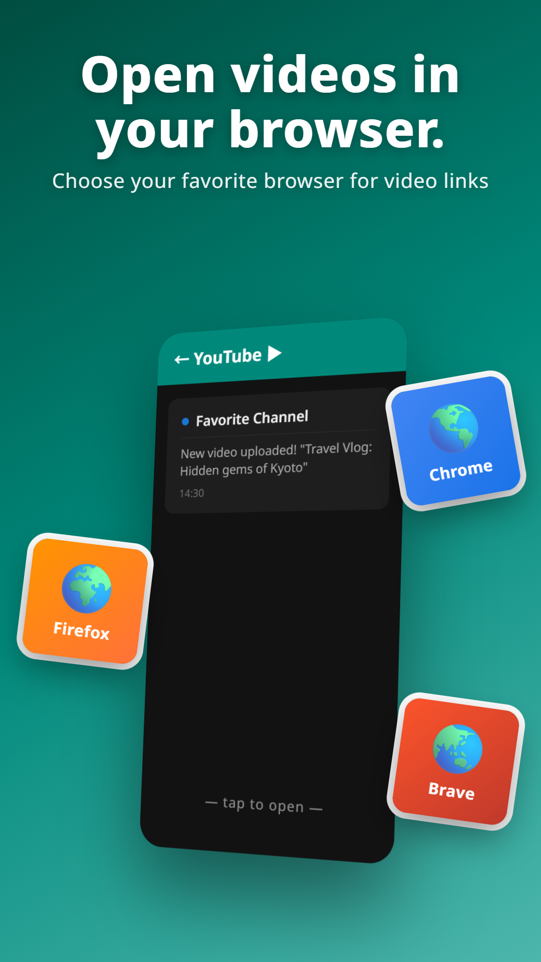 YouTube notification with browser-chooser dialog showing Chrome, Firefox, Brave