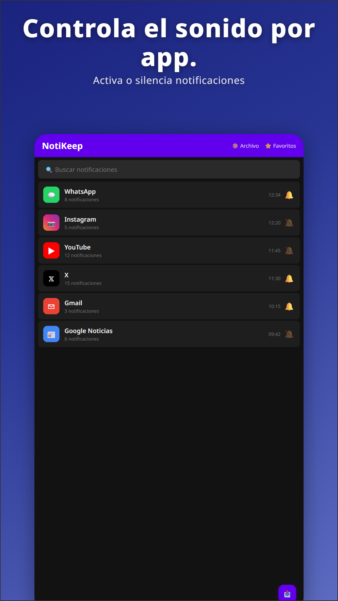 Vista del archivo principal de NotiKeep con control de campana por aplicación