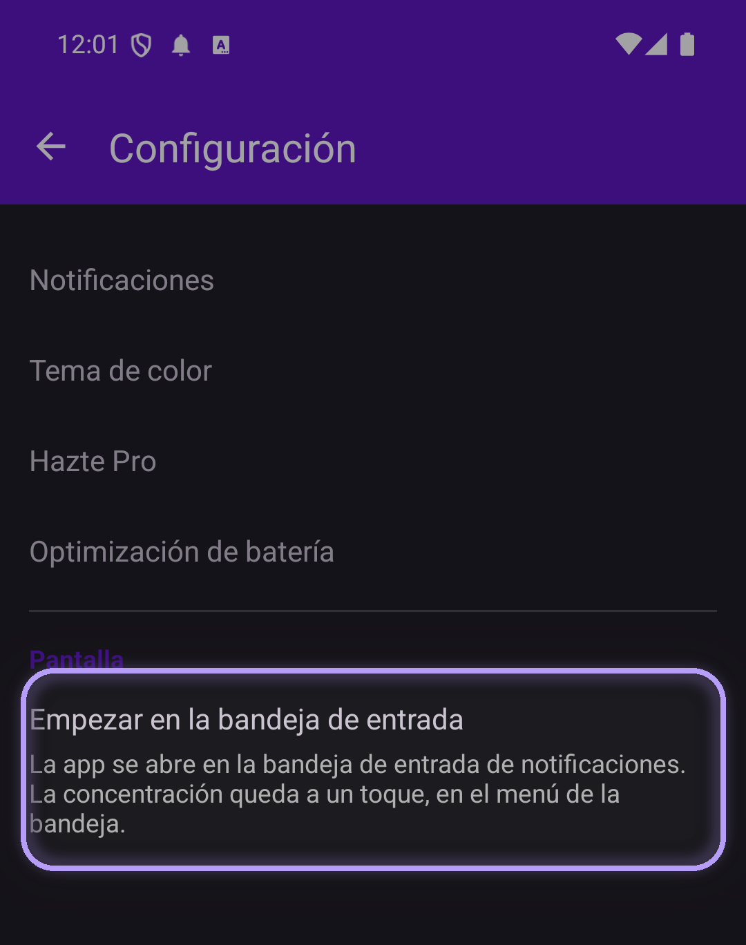 Ajustes de concentración con la opción 'Empezar en la bandeja de entrada' resaltada en la sección Pantalla
