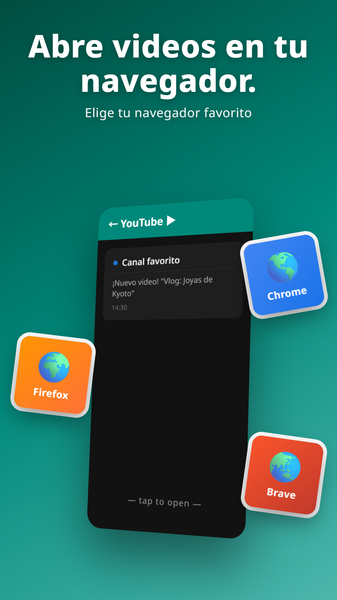 Notificación de YouTube con diálogo de selección de navegador mostrando Chrome, Firefox, Brave