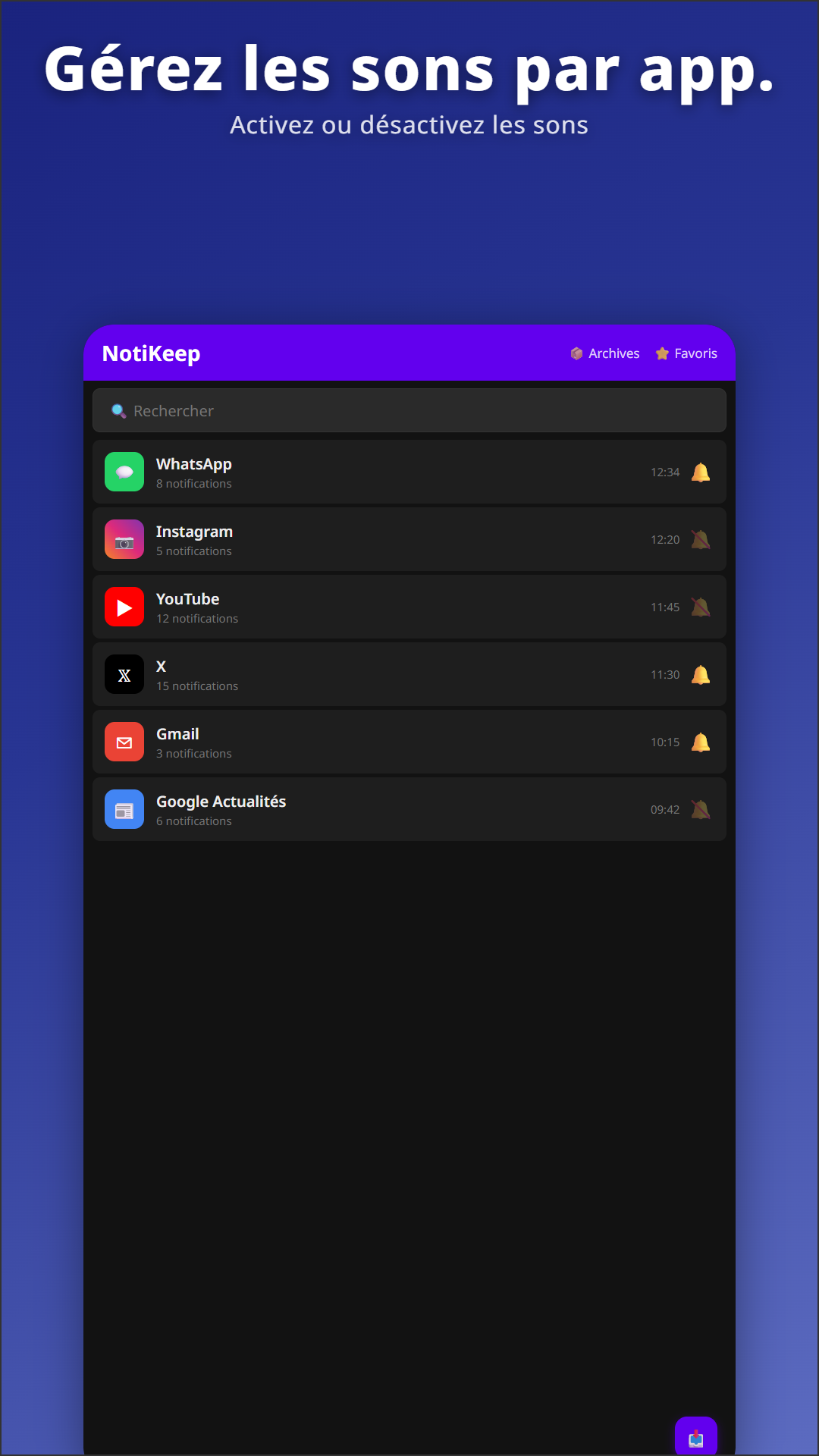 Vue principale de l'archive NotiKeep avec contrôle de cloche par application