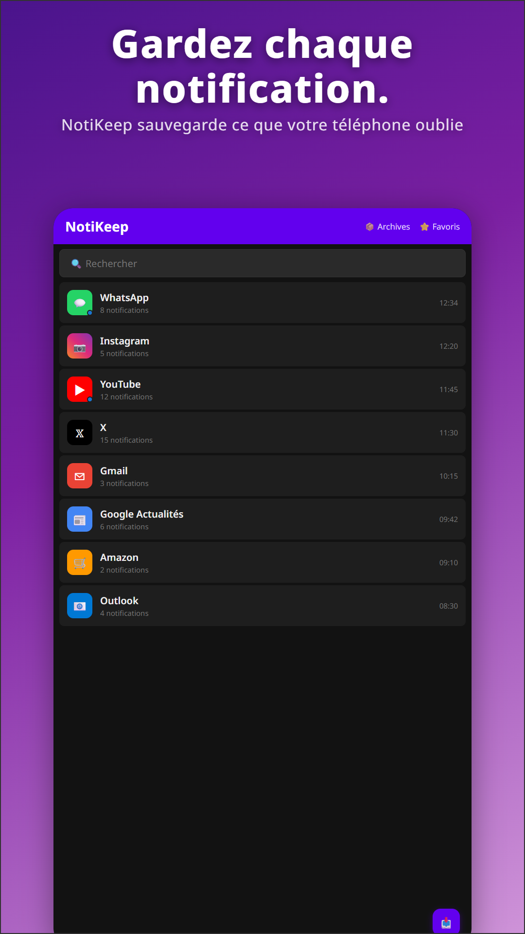 NotiKeep — écran principal affichant les notifications de WhatsApp, Instagram, YouTube, Gmail et plus