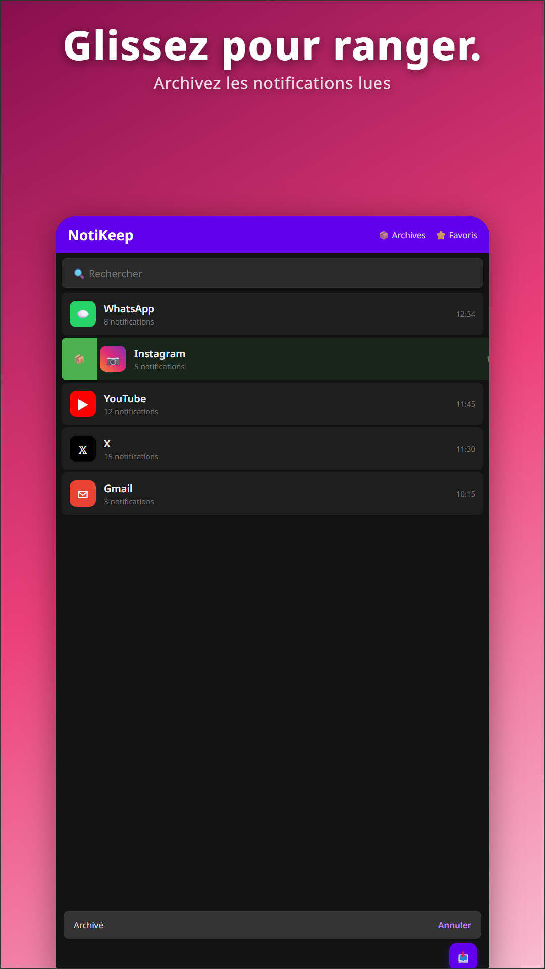 Glissement d'une notification pour l'archiver dans NotiKeep