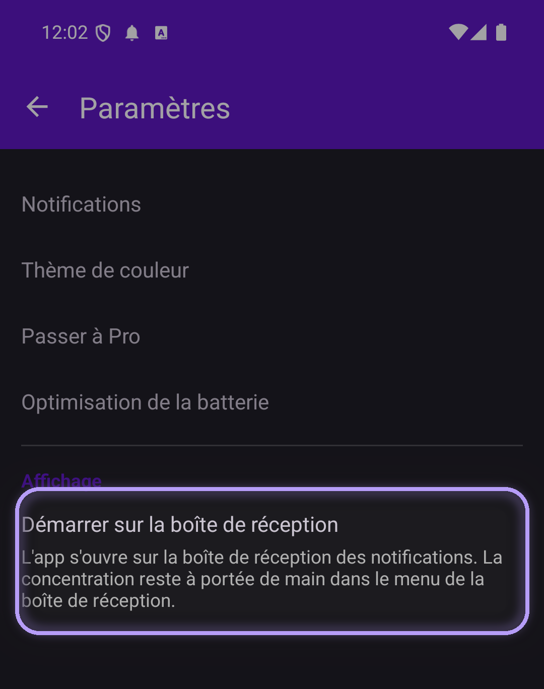 Réglages de concentration avec l'option « Démarrer sur la boîte de réception » mise en évidence dans la section Affichage