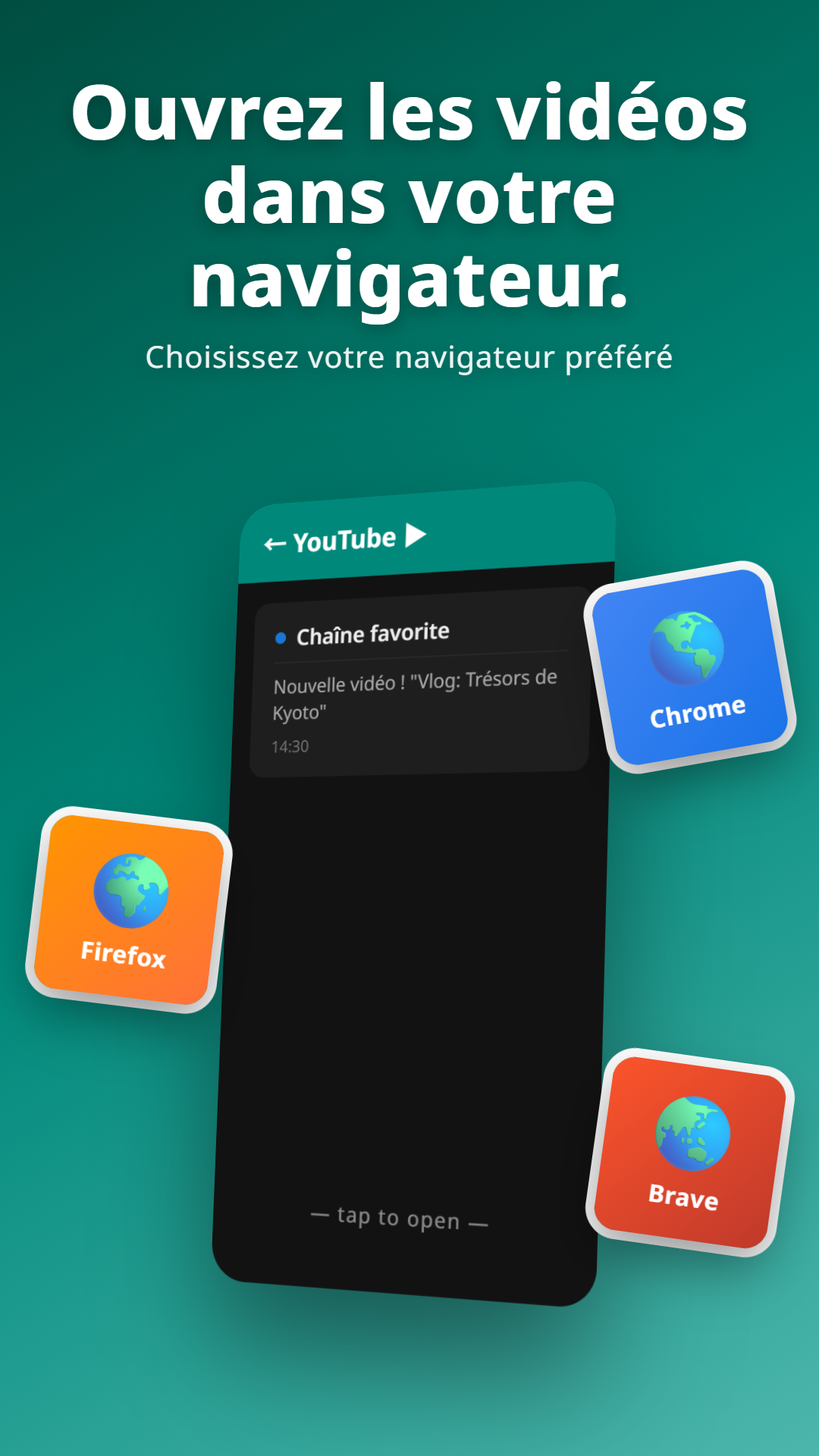Notification YouTube avec dialogue de choix de navigateur (Chrome, Firefox, Brave)