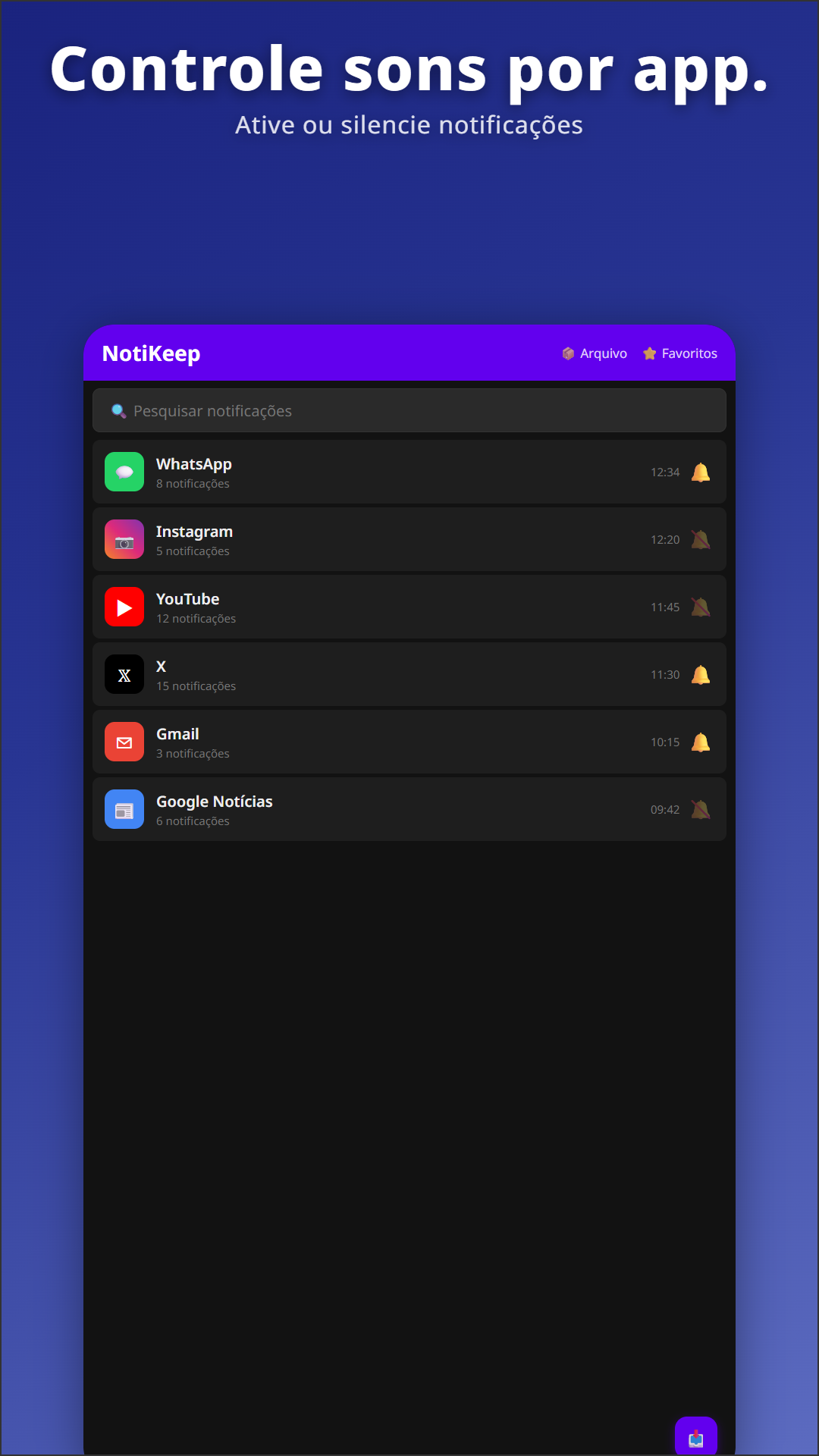 Tela principal do NotiKeep com controle de sino por aplicativo