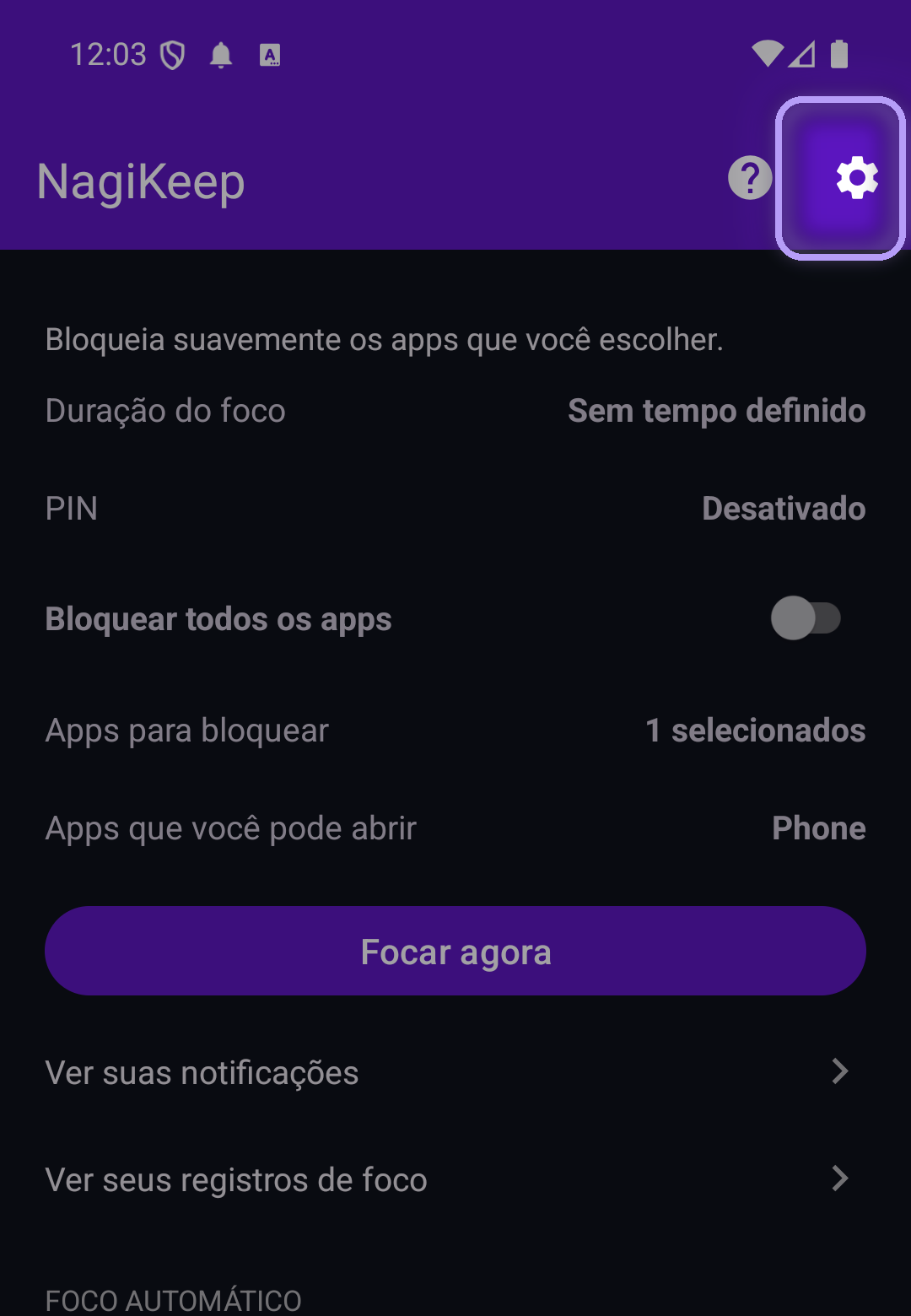 Tela de foco do NagiKeep com a engrenagem de configurações destacada no canto superior direito