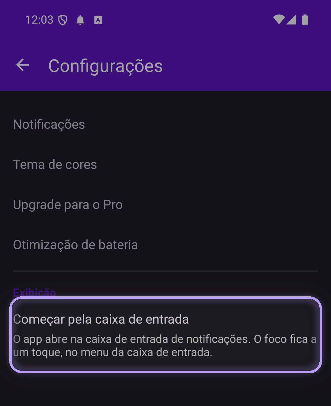 Configurações de foco com a opção 'Começar pela caixa de entrada' destacada na seção Exibição