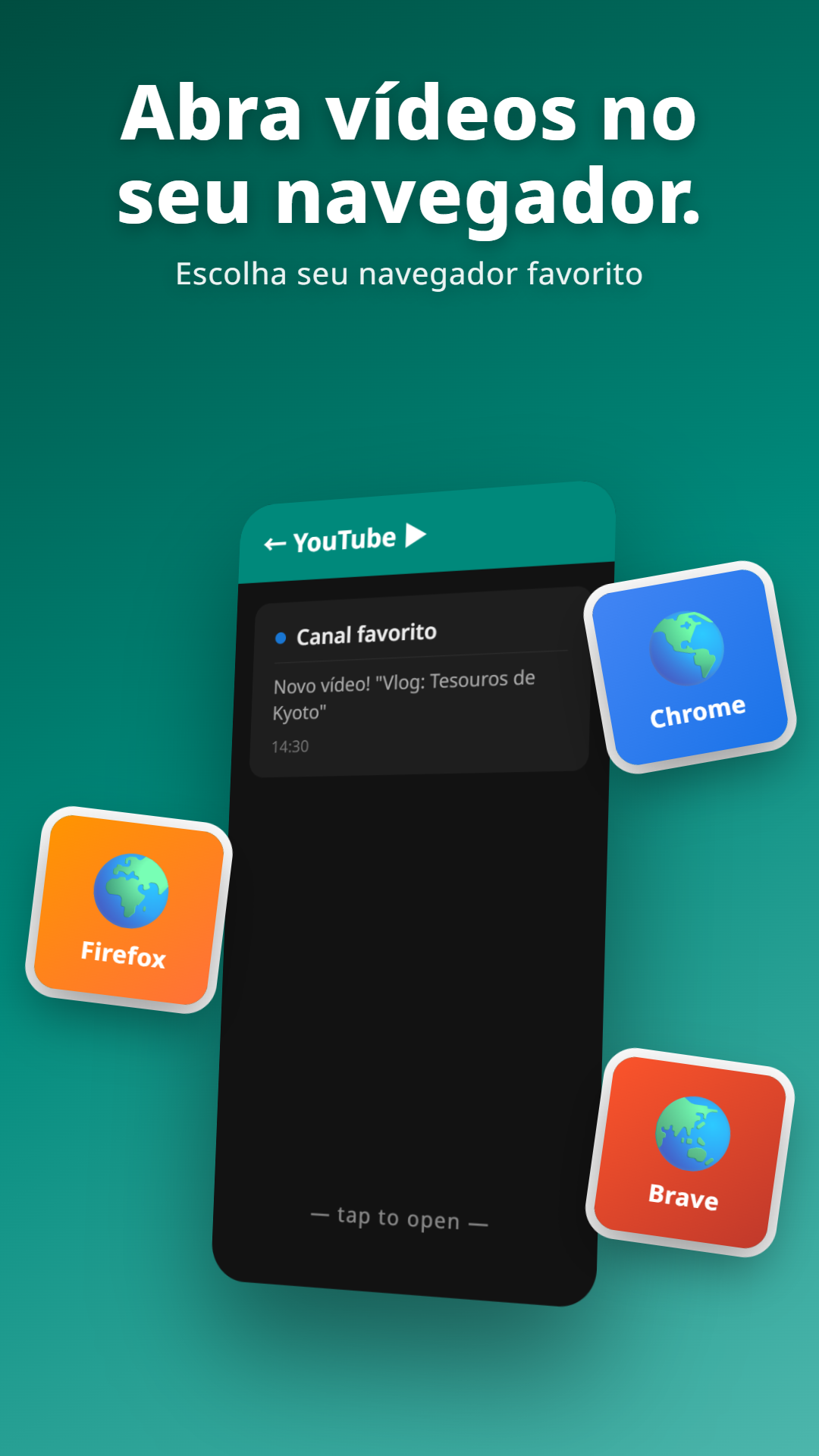 Notificação do YouTube com diálogo de seleção de navegador mostrando Chrome, Firefox, Brave