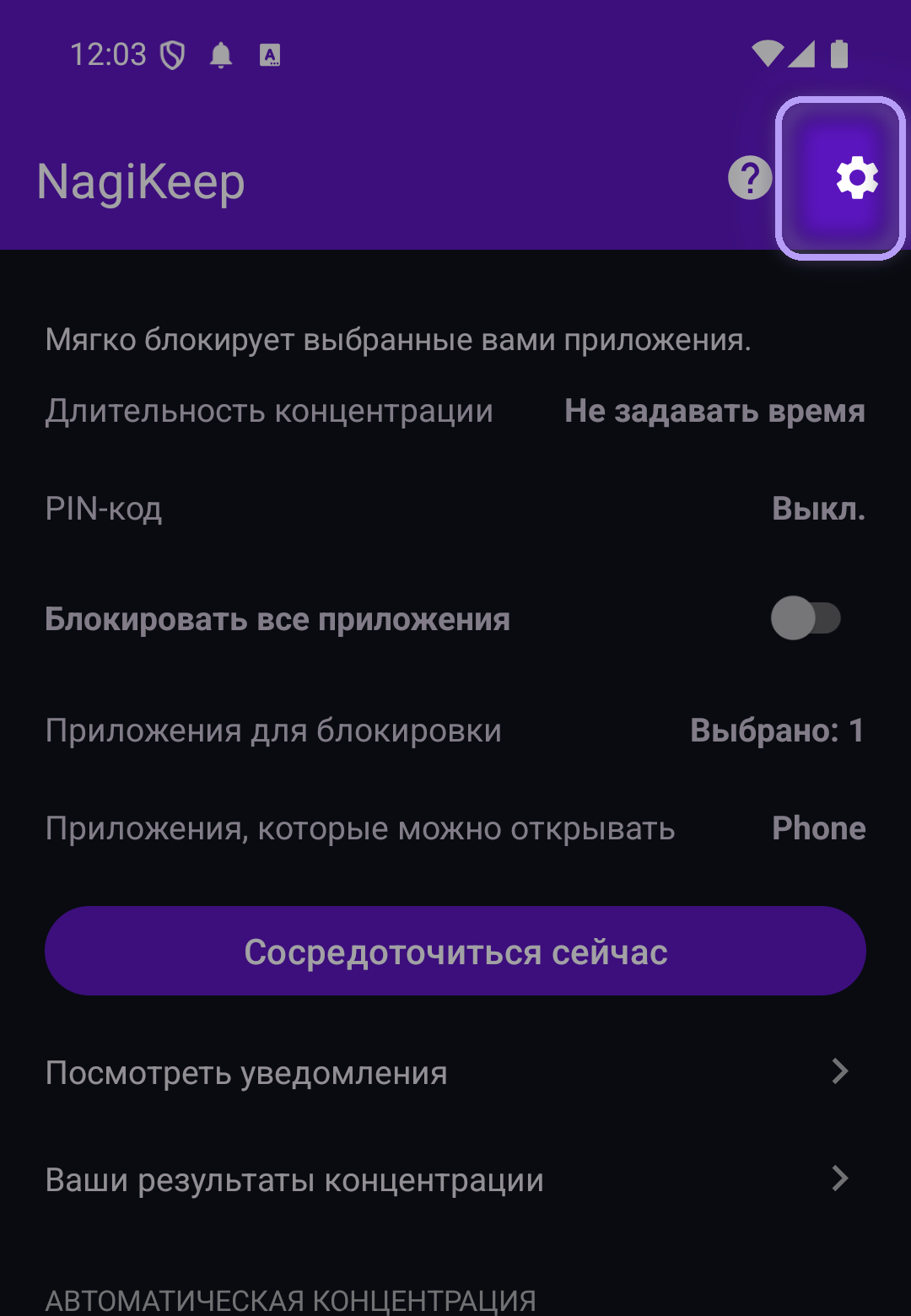 Экран концентрации NagiKeep с выделенной шестерёнкой настроек в правом верхнем углу панели инструментов
