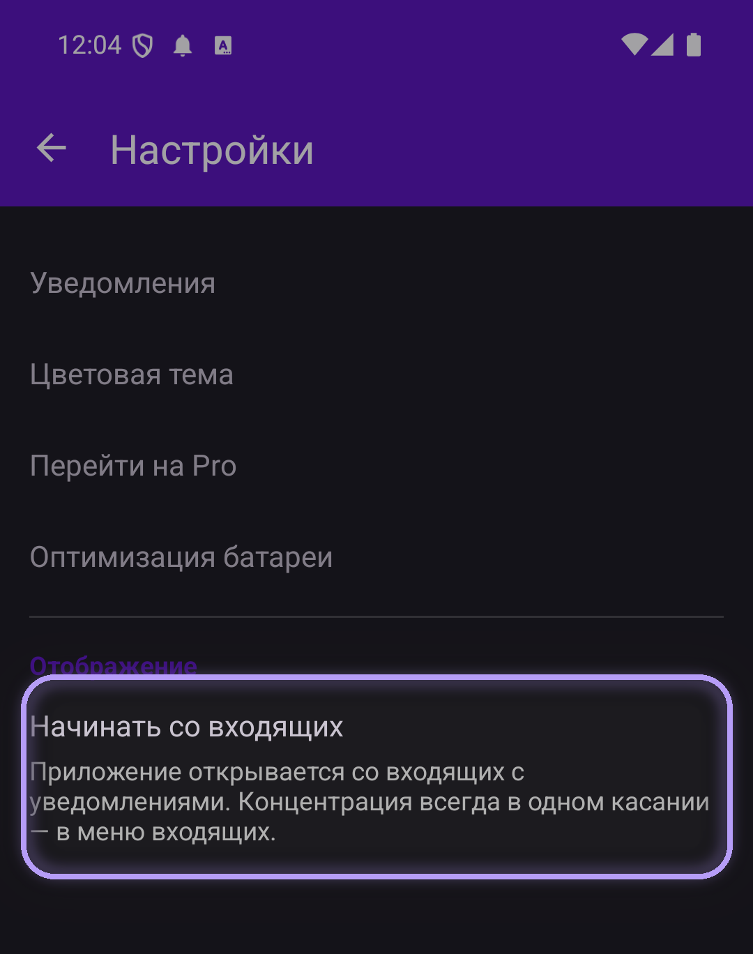 Настройки концентрации с выделенной строкой «Начинать со входящих» в разделе «Отображение»