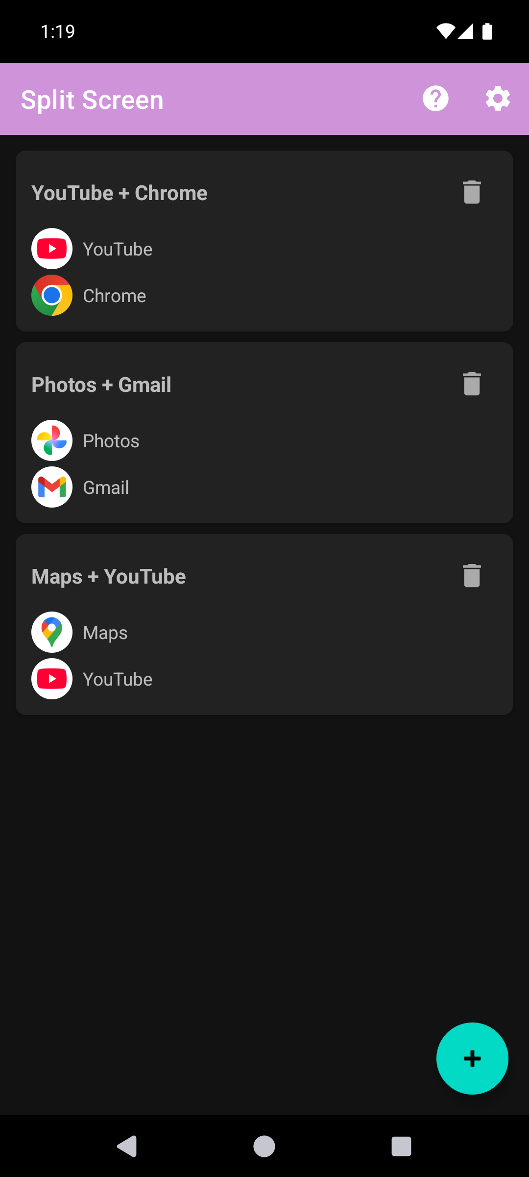 저장된 앱 페어가 보이는 Split Screen Launcher 메인 화면