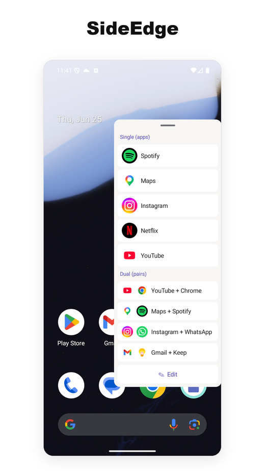 SideEdge sidebar drawer listing app pairs and single apps
