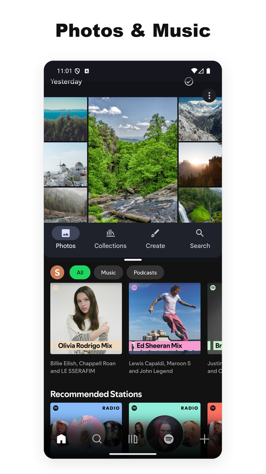 Two apps in split screen — Photos and Spotify