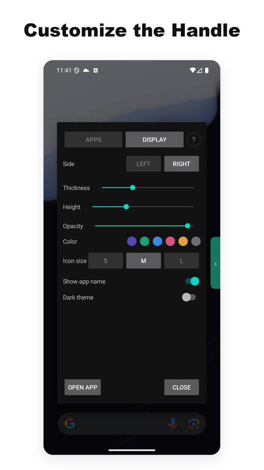 Customizing the SideEdge handle — side, size, color, transparency