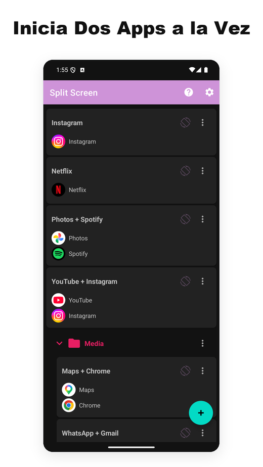 Pantalla principal de Split Screen Launcher con los pares de apps guardados
