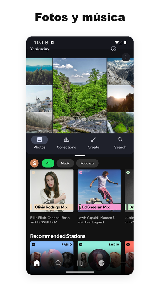 Dos apps en pantalla dividida — Fotos y Spotify