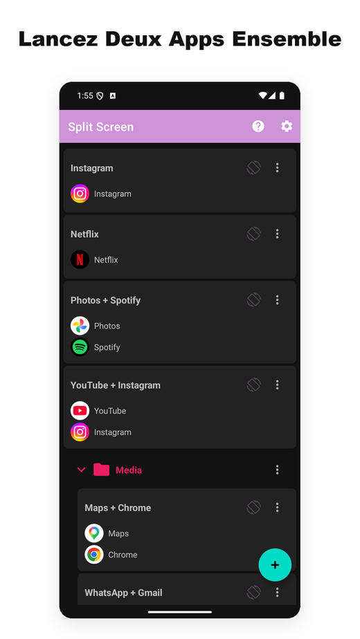 Écran principal de Split Screen Launcher avec les paires d'applis sauvegardées