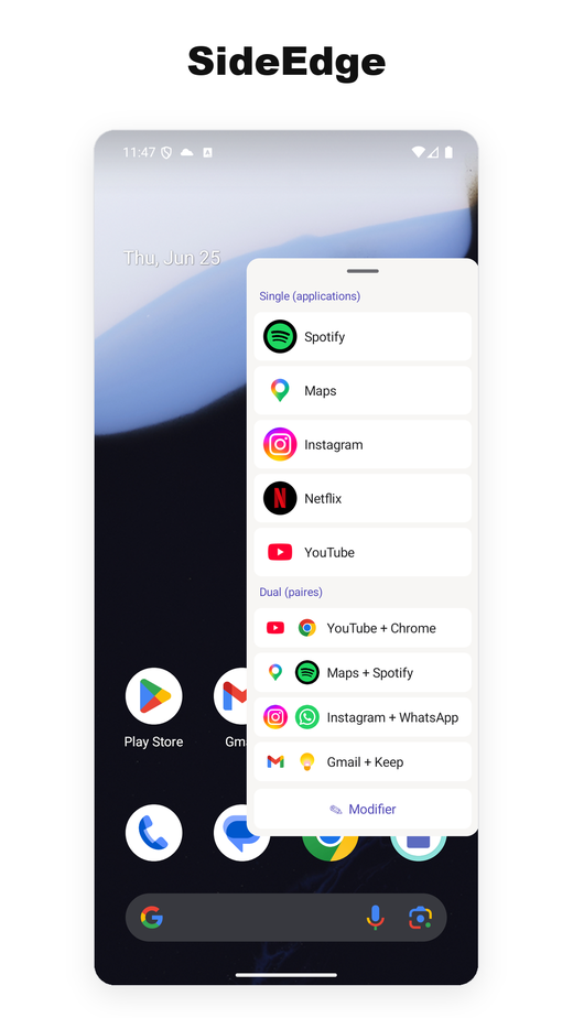 Tiroir de la barre latérale SideEdge listant les paires et les applis seules