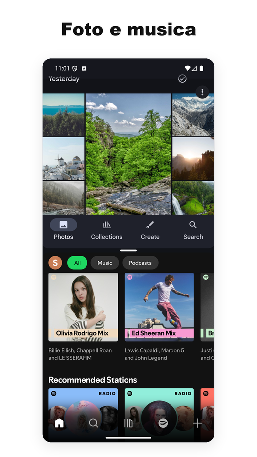 Due app in schermo diviso — Foto e Spotify