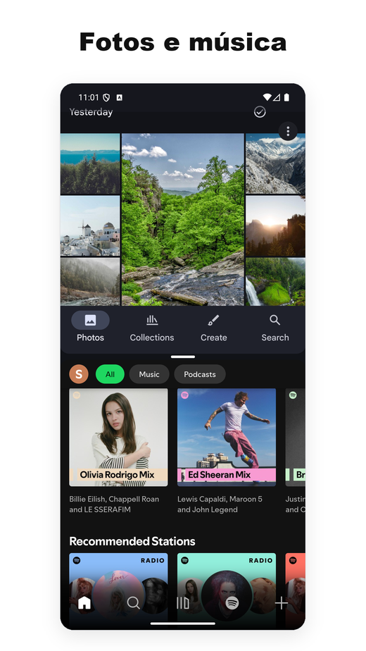 Dois apps em tela dividida — Fotos e Spotify